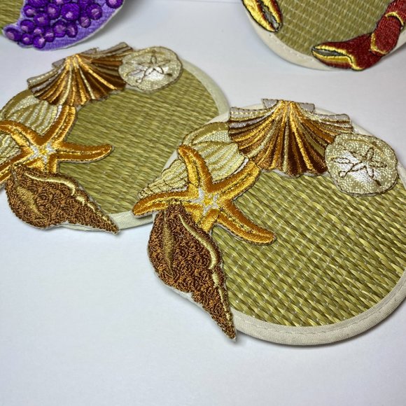 4 Beach Theme Coasters Glass Markers Embroidery Shells Grapes Crab Patio Decor - Picture 5 of 6